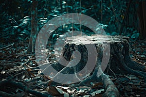 Mystical tree stump in a dark forest