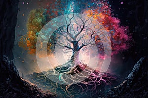 mystical tree surrounded by colorful and mystical forest