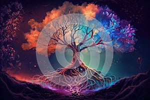 mystical tree surrounded by colorful and mystical forest