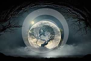 mystical tree surrounded by misty fog, or with full moon shining above