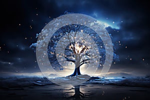Mystical tree under the enchanting night sky with blinking lights