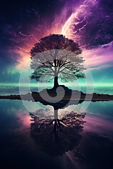 Mystical Tree Under Starry Sky with Northern Lights Reflection