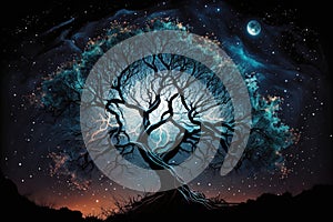 mystical tree with view of the night sky, stars shining overhead