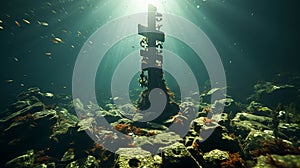 Mystical Underwater Cross Discovering Spiritual Depth in the Ocean Abyss, Generative Ai