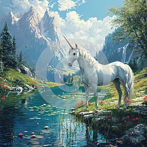 Mystical unicorn beside a serene, reflective lake