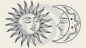 Celestial Sun and Moon Faces Day and Night Harmony, vector design Generative AI