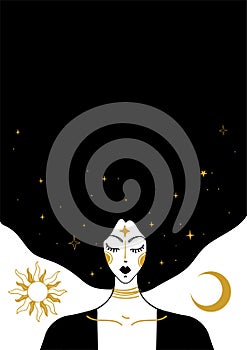 Mystical vector vintage illustration, face of a witch girl with black hair, card with copy space, space background with