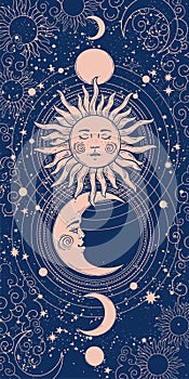 Mystical vertical banner with sun, moon and crescent, tarot card background, astrology magic illustration. Golden sun