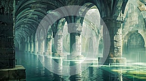 Mystical view of a flooded gothic-style cavern with light beams penetrating the water