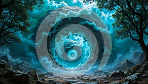 Mystical Vortex in Enchanted Landscape Under Cloudy Sky