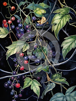 Mystical Watercolor Nightshade Plant Berries and Leaves AI Generated