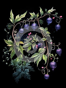 Mystical Watercolor Nightshade Plant Berries and Leaves AI Generated