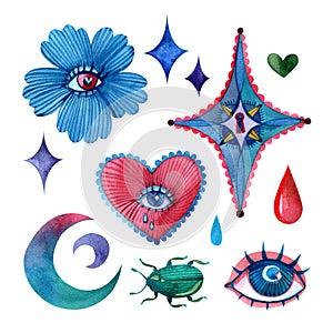 Mystical watercolor set of elements: all-seeing eye, flower, stars, drops, moon, beetle, lock