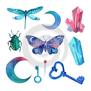 Mystical watercolor set of elements: dragonfly, moon, crystals, beetle, moth, keys, pin