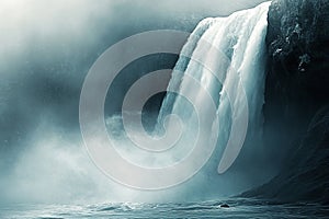 Mystical waterfall cascading down rugged cliffs surrounded by mist and spray