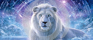 Mystical White Lion with Sacred Geometry in Dreamy Celestial Sky, Vintage, Fantasy