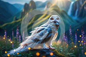 Mystical white owl, ghost owl in a clearing in the distance, mountains are visible