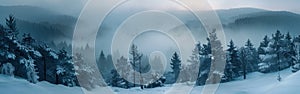 Mystical Winter Wonderland: Snowy Forest Landscape with Rising Fog in Allgau, Germany - Panoramic Banner