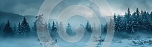 Mystical Winter Wonderland: Snowy Forest Landscape with Rising Fog in Allgau, Germany - Panoramic Banner