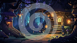 mystical witch\'s cottage nestled deep in the forest, halloween background, 2d cartoon illustration, generative ai