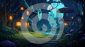 mystical witch\'s cottage nestled deep in the forest, halloween background, 2d cartoon illustration, generative ai