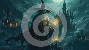 Mystical Wizardry A Captivating Image of a Dark Fantasy Wizard in Proximity to an Enigmatic Castle in Ultra High Quality