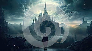 Mystical Wizardry A Captivating Image of a Dark Fantasy Wizard in Proximity to an Enigmatic Castle in Ultra High Quality