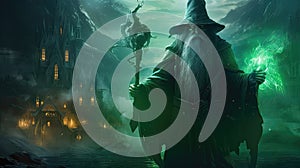 Mystical Wizardry A Captivating Image of a Dark Fantasy Wizard in Proximity to an Enigmatic Castle in Ultra High Quality