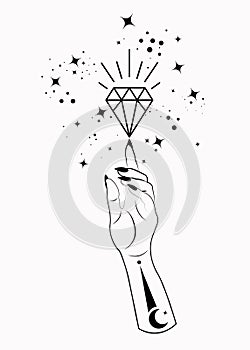 Mystical Woman Hand alchemy esoteric magic space stars, crystal symbol, Sacred Geometry. Boho style Logo in black outline tattoo