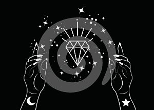 Mystical Woman Hands alchemy esoteric magic space stars, crystal symbol, Sacred Geometry. Boho style Logo in white outline tattoo