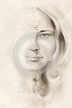 Mystical woman portrait drawing with symbols, emerging from light.