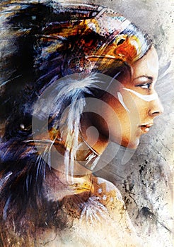 mystical young indian woman with eagle feather headdress, beautiful painting illustration