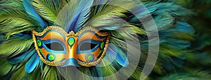 Mystique of Carnival: A Vivid Masquerade of Feathers and Festivity, Inviting Revelry. Vibrant mask adorned with peacock