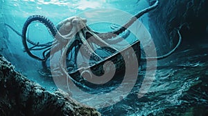 Myth of the deep sea: octopus versus boat.