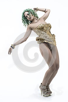 Myth, Deity, beautiful woman with green hair in golden goddess a