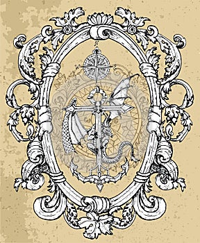 Myth dragon sitting on anchor with compass in baroque frame