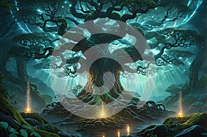 mythic realms with Yggdrasil, illuminated from within, its branches sprawling across the Norse cosmos