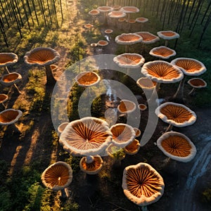 Mythic Wonderland: Aerial Symphony of Giant Mushrooms in Forest Haven