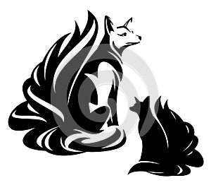 Mythical asian fox spirit with nine tails black and white vector outline