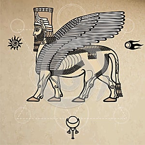 Mythical Assyrian deity winged bull of Shedu.