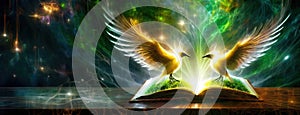 Mythical birds of light emerge from an open tome, amidst a cosmic glow. From the pages of knowledge, luminescent avians