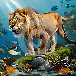 A mythical creature with the body of a lion and the scales of a fish, dwelling in an underwater kingdom2, Generative AI