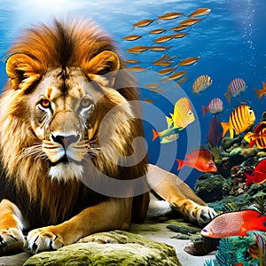 A mythical creature with the body of a lion and the scales of a fish, dwelling in an underwater kingdom4, Generative AI