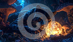 Mythical creature glowing orb fantasy scene