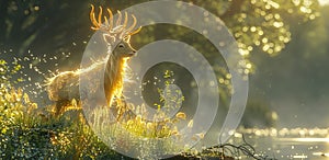 A mythical creature glowing softly in the early morning mist, captured in vibrant watercolors, Realistic, EE 70 mm, Long shot, photo