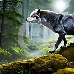 A mythical creature, half-wolf and half-dragon, prowling through a moonlit forest3, Generative AI