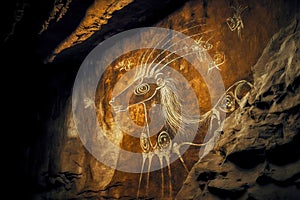 mythical creature petroglyphs on cave wall