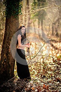 Mythical Creature Woman, Holding her Sword by a Tree in the Fore