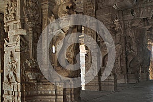 Mythical creatures called Yalis, carved on pillars. Kalyana Mandapa, Vitthala Temple complex, Hampi, Karnataka. photo