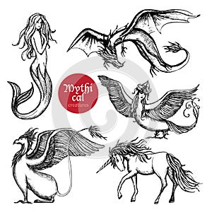 Mythical Creatures Hand Drawn Sketch Set